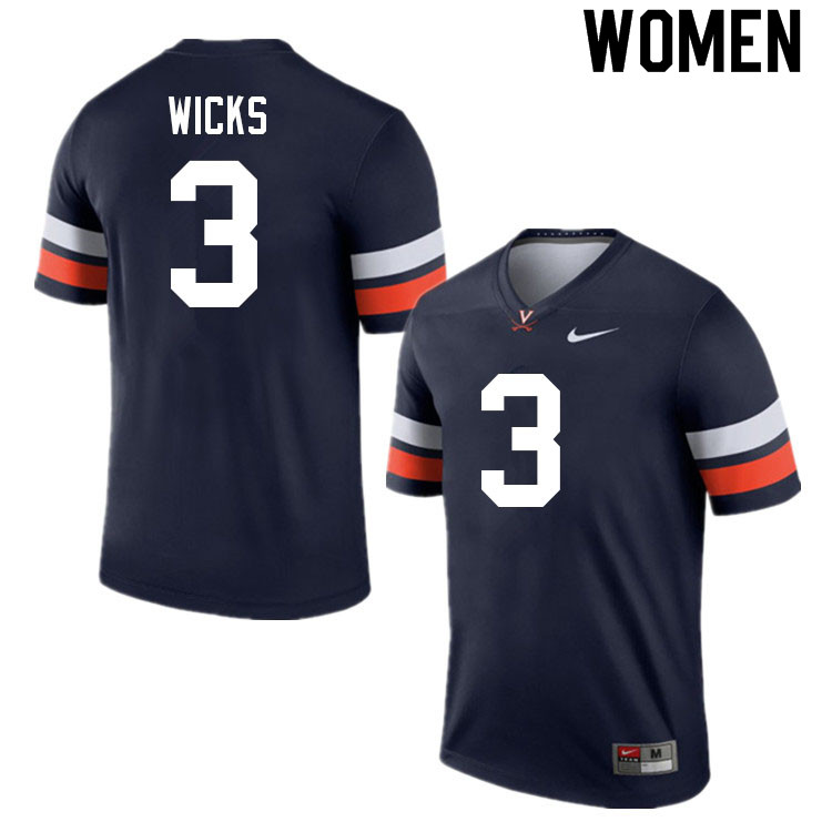 Women #3 Dontayvion Wicks Virginia Cavaliers College Football Jerseys Sale-Navy - Click Image to Close